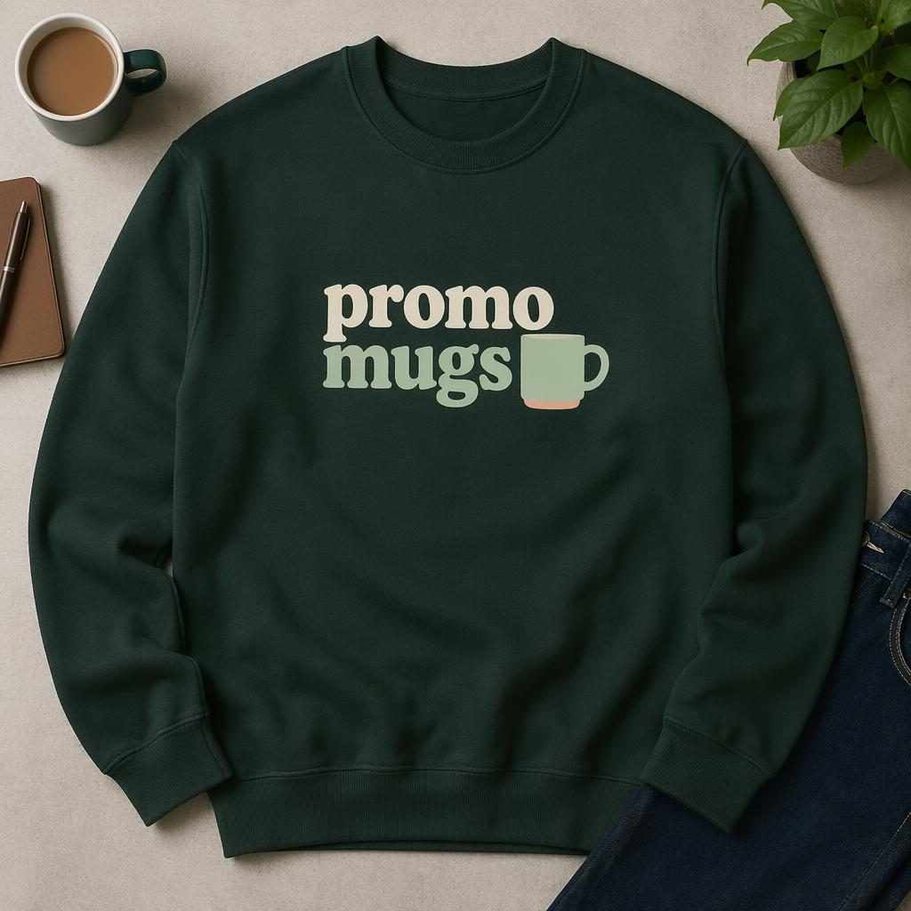 Studio flat lay of a forest green crewneck with promo mugs logo centered on the chest in a soft pastel palette.