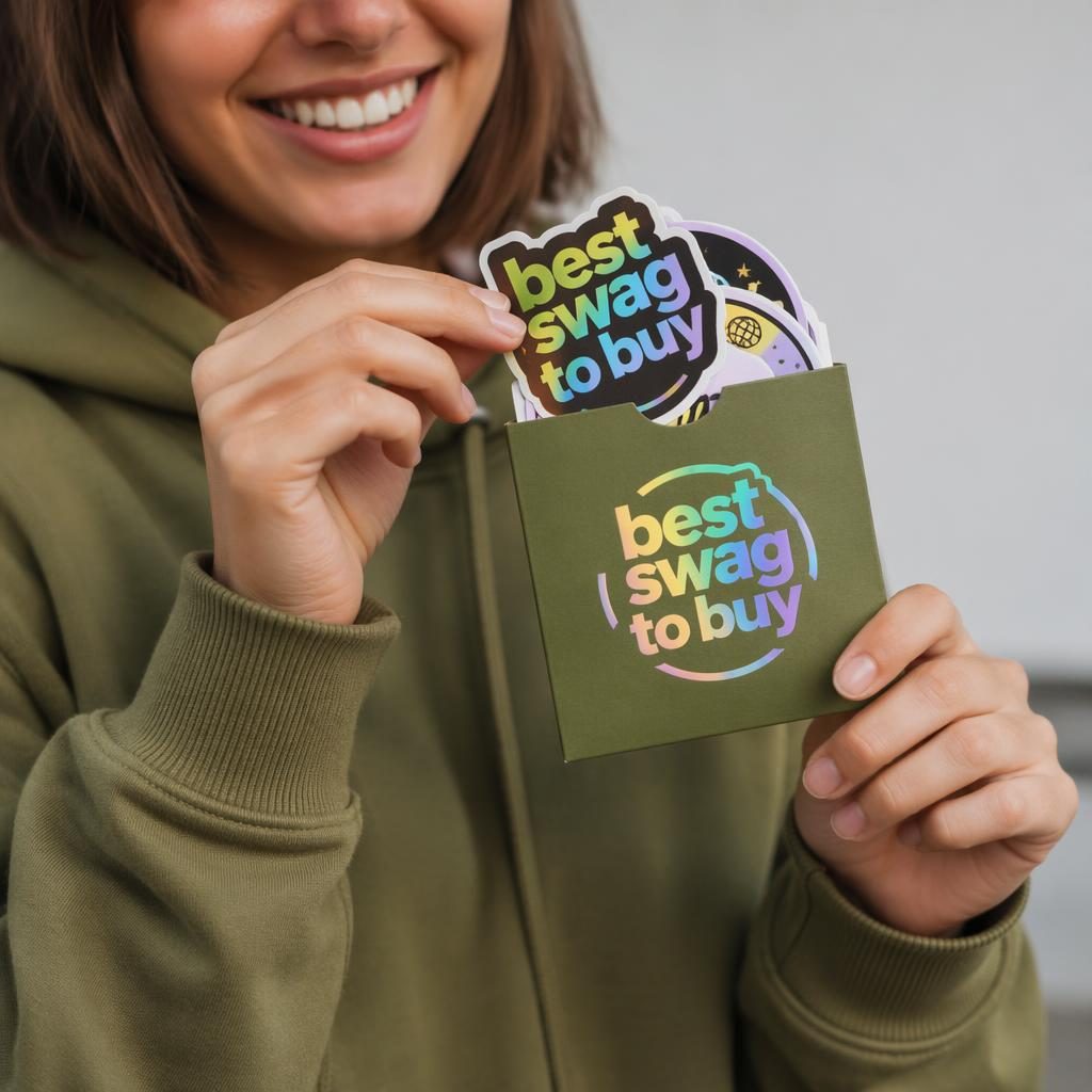 Model wearing an olive green sticker pack sleeve with a vibrant gradient logo in a studio product mockup