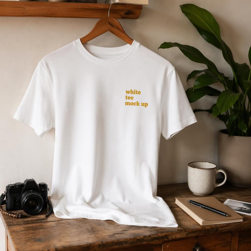 Mustard yellow sticker pack mockup on a warm desk scene with a small left chest white tee mock up logo.