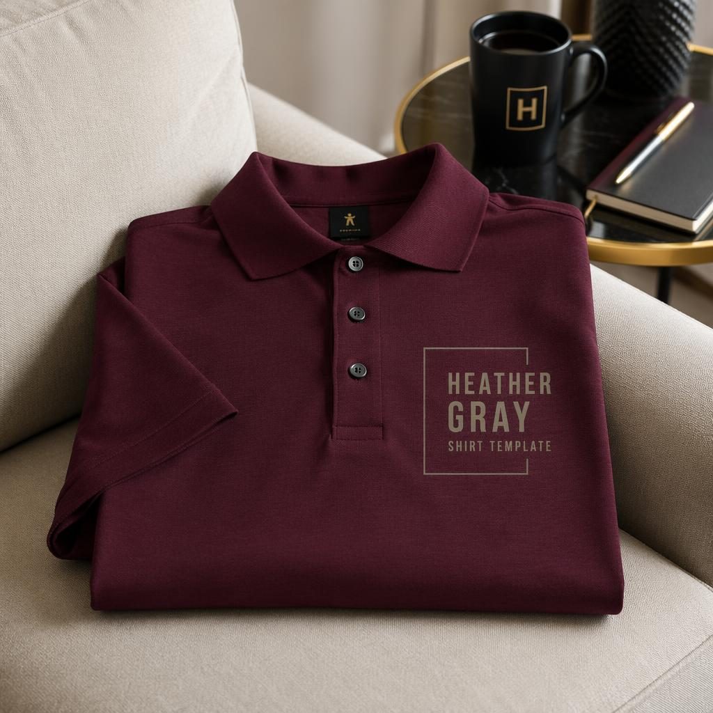 Photo-real burgundy polo shirt mockup with centered placeholder logo, styled in a cozy home setting with black and gold accents.