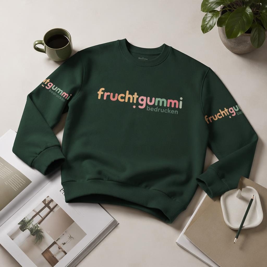 Fotorealistisches Flatlay eines forest green Sweatshirts mit umlaufendem fruchtgummi bedrucken Logo im Studio