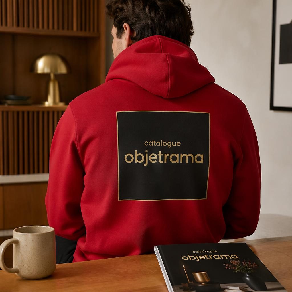 Mockup photo réaliste d’un hoodie zippé rouge, vue dos, avec logo catalogue objetrama noir et or en intérieur cosy.