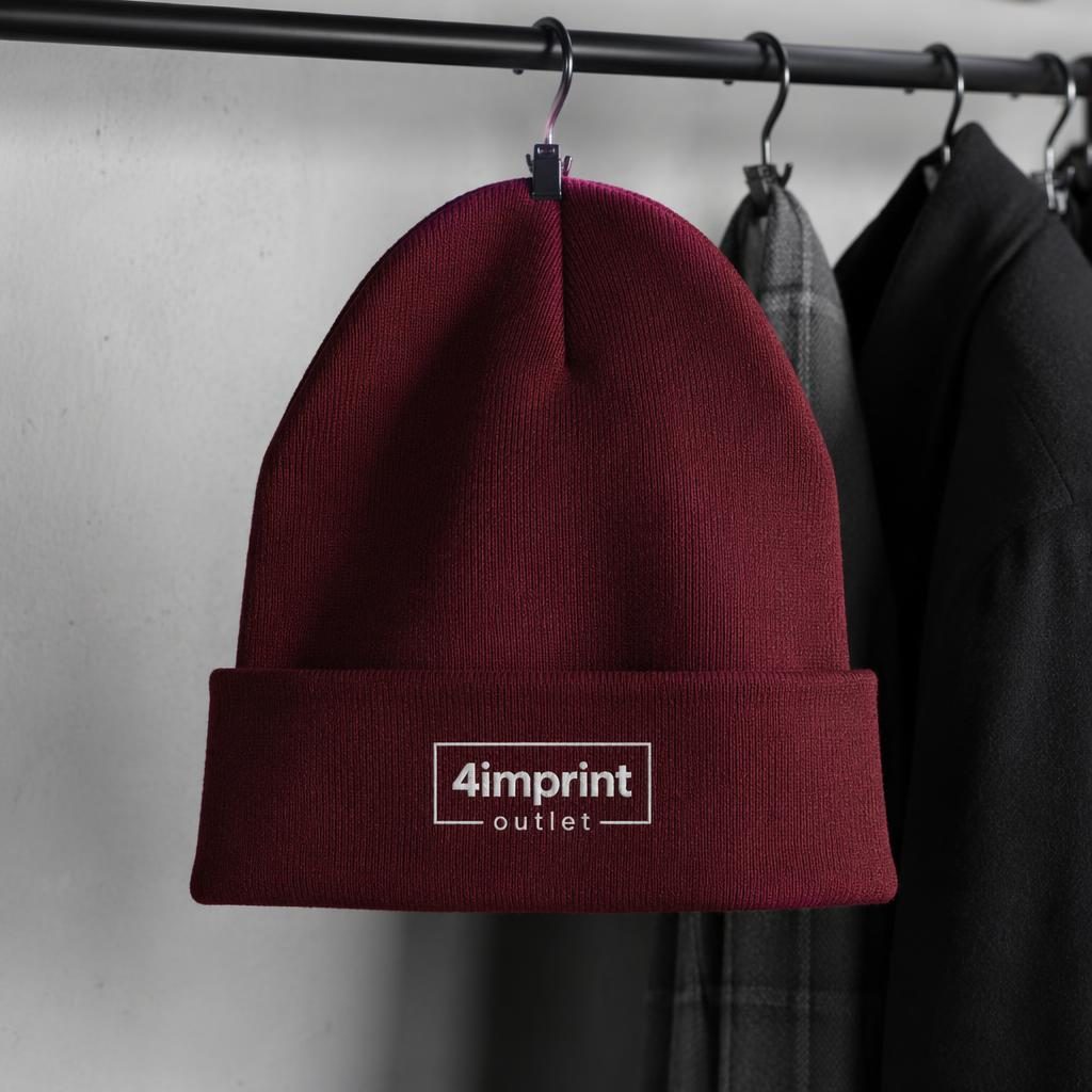 Photo-real burgundy beanie hanging on a rack with centered 4imprint outlet logo in a minimal monochrome design.