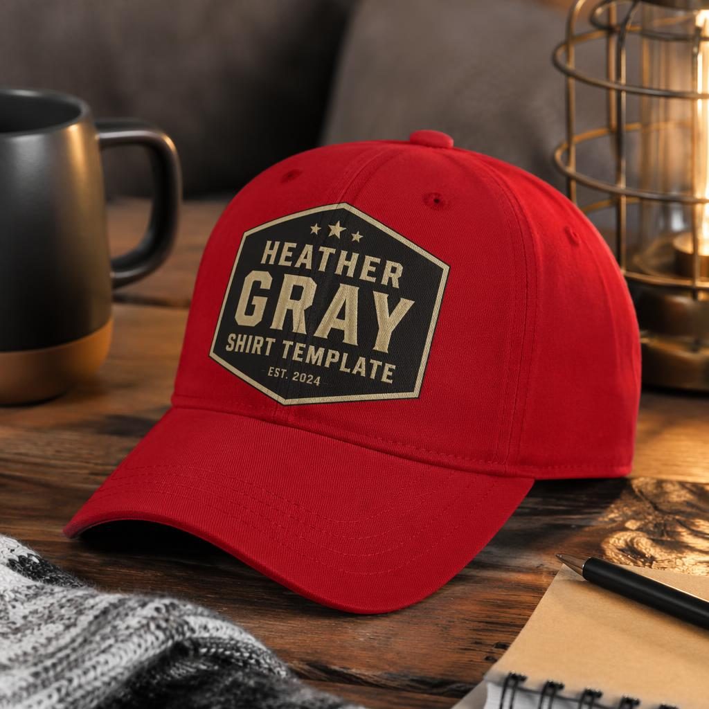 Photoreal red cap mockup in a cozy home setting with a large heather gray shirt template logo in black and gold.