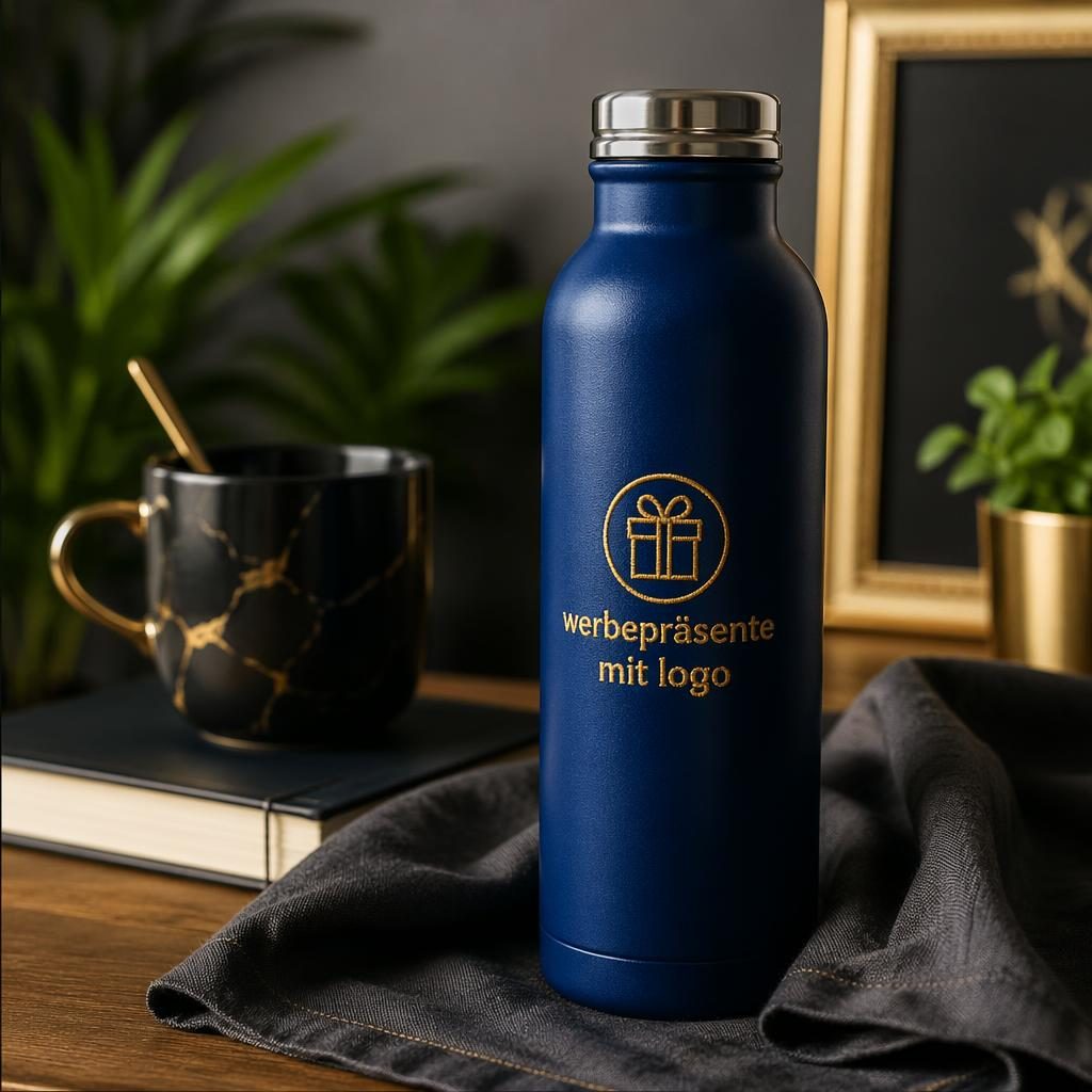 Fotorealistisches Mockup einer royalblauen Trinkflasche mit generischem Logo in Schwarz-Gold im gemütlichen Home-Setting