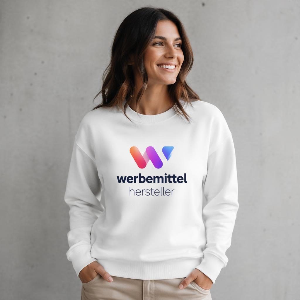 Model trägt weißes Sweatshirt mit buntem werbemittel hersteller Logo auf der Brust im Studio