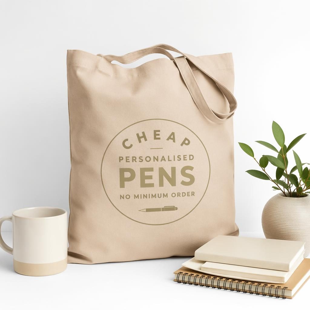 Beige sand tote bag mockup on a white background with subtle tone-on-tone logo, sharp fabric texture and sage ivory accents