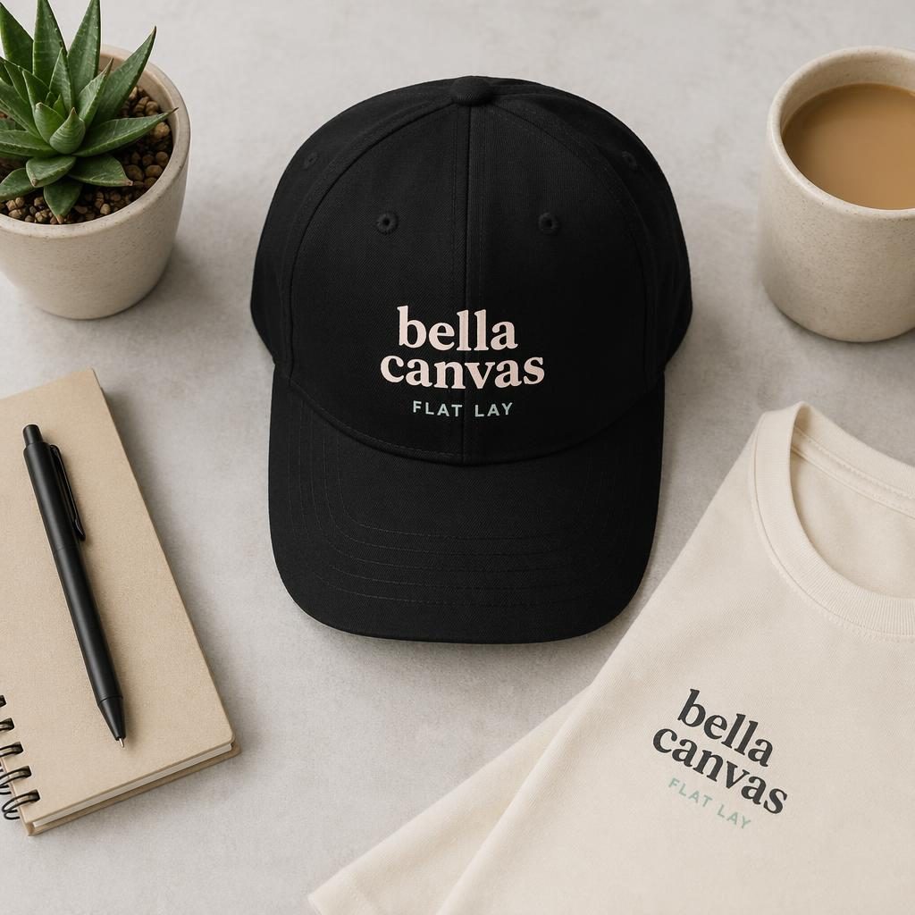 Studio flat lay mockup of a black cap with generic bella canvas flat lay logo, soft pastel styling, sharp fabric detail