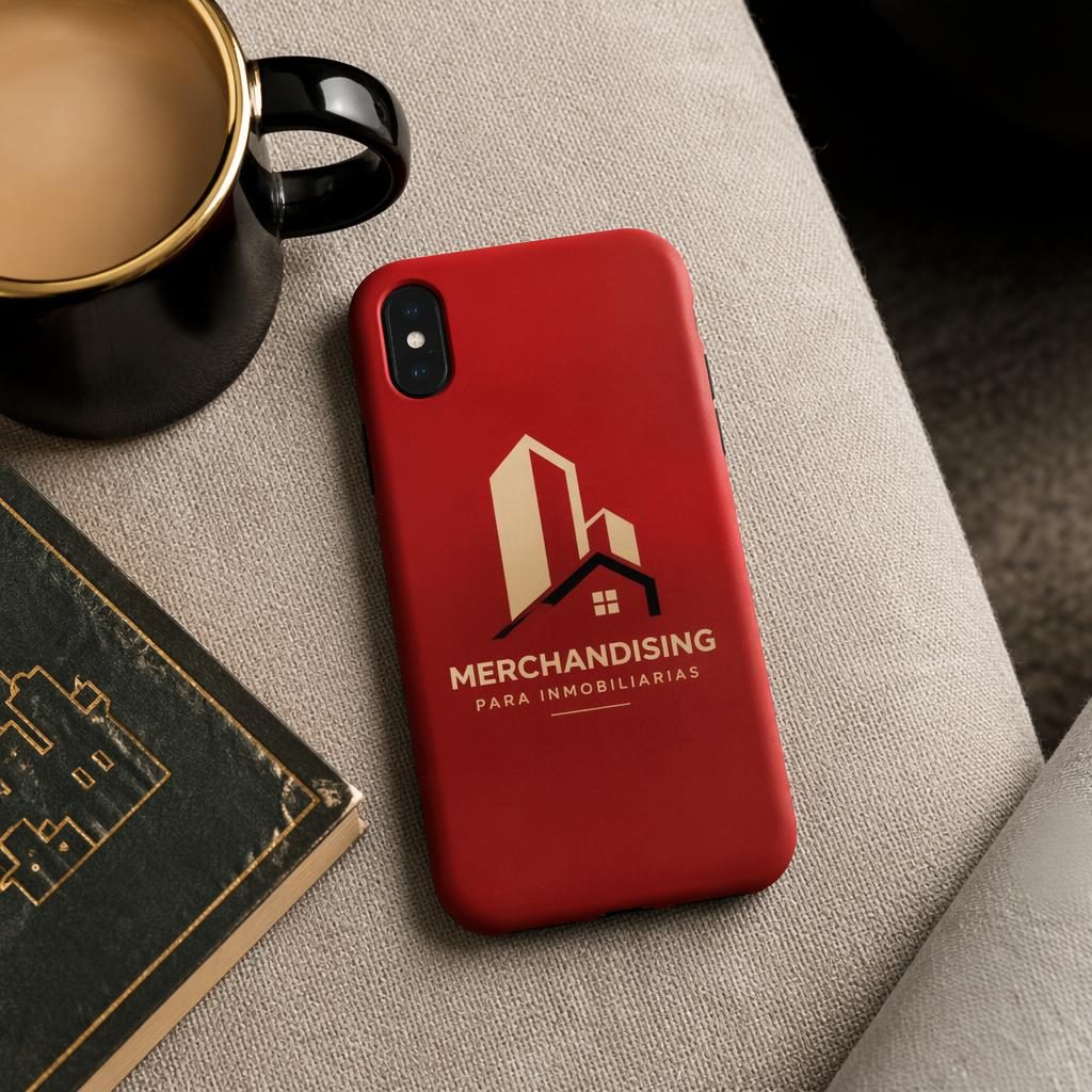 Mockup fotográfico de funda roja para móvil con logo grande, estilo hogar acogedor y paleta negra y dorada.