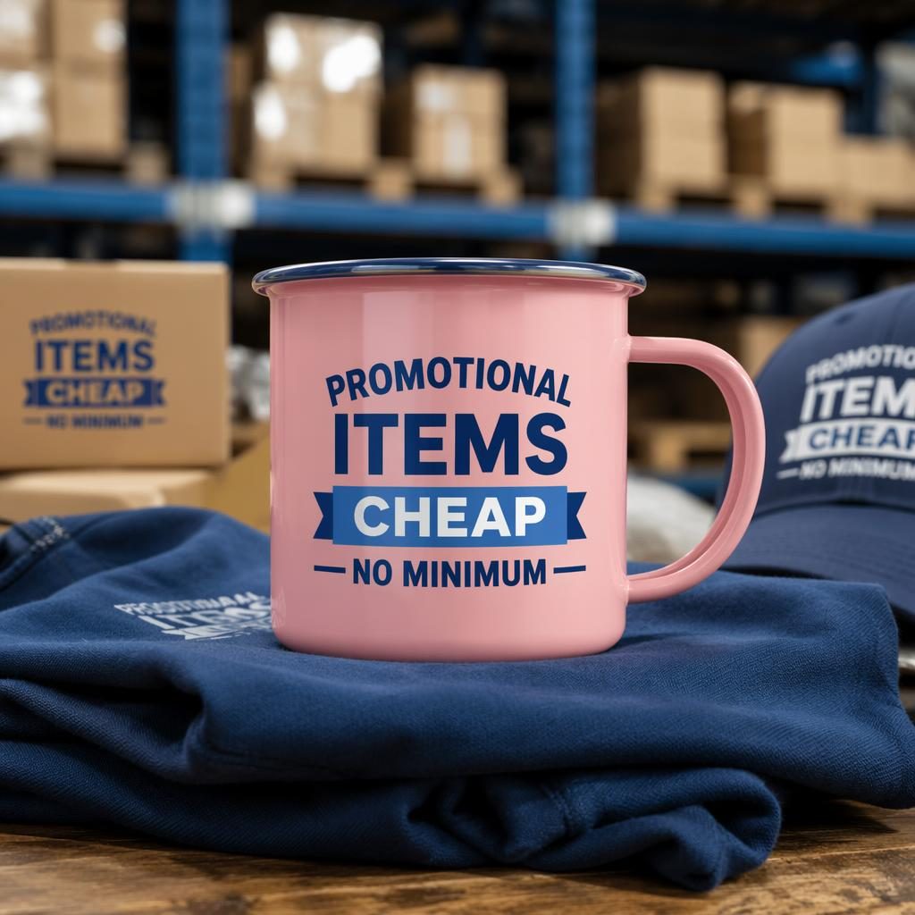 Dusty pink enamel mug mockup with large generic logo in tech blue, styled in a warehouse setting with sharp studio lighting.