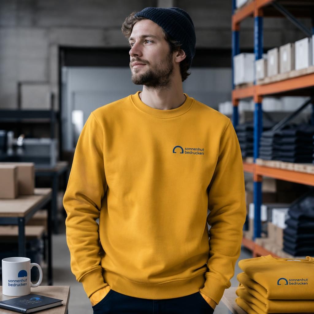 Senfgelbes Crewneck-Sweatshirt mit kleinem sonnenhut bedrucken Logo links auf der Brust im Industrial-Setting