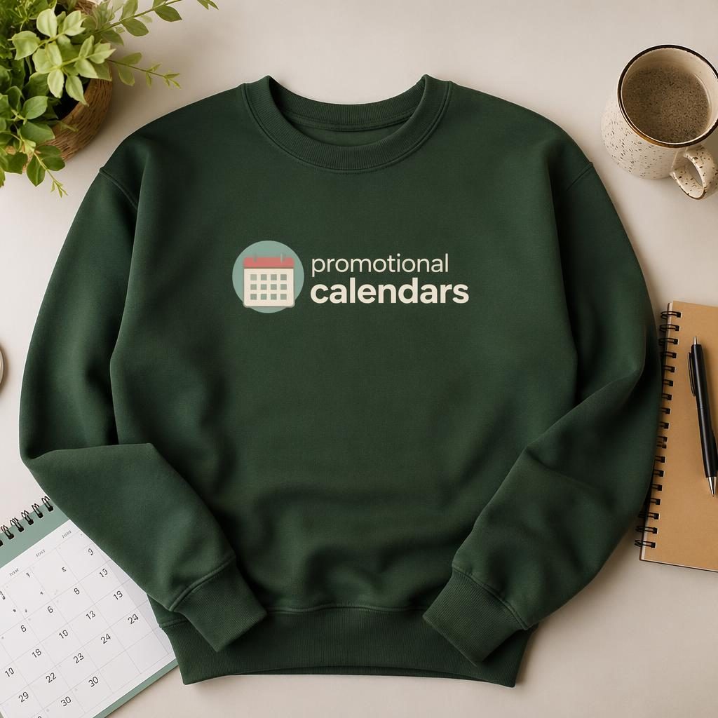 Studio flat lay of a forest green crewneck with generic promotional calendars logo centered on chest, soft pastel print.