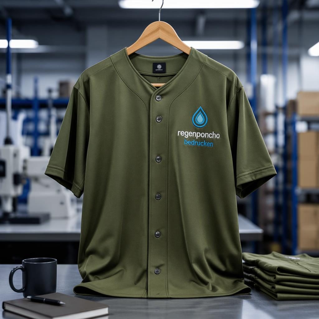 Fotorealistisches olivgrünes Baseball-Jersey im Industrial-Setting mit aufgesticktem regenponcho bedrucken Logo