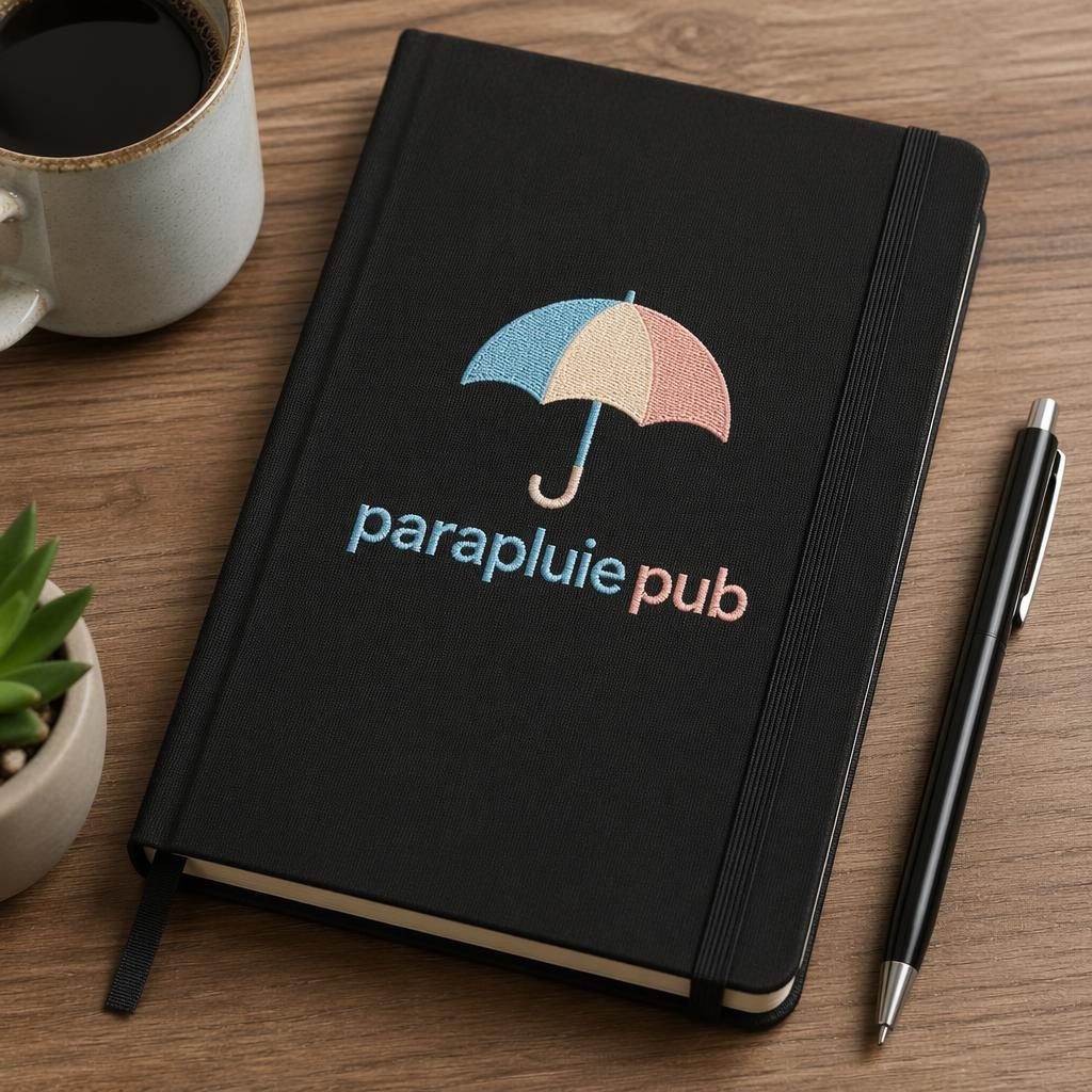 Mockup photo réaliste d’un carnet noir à plat avec logo parapluie pub brodé, style studio, lumière douce pastel.