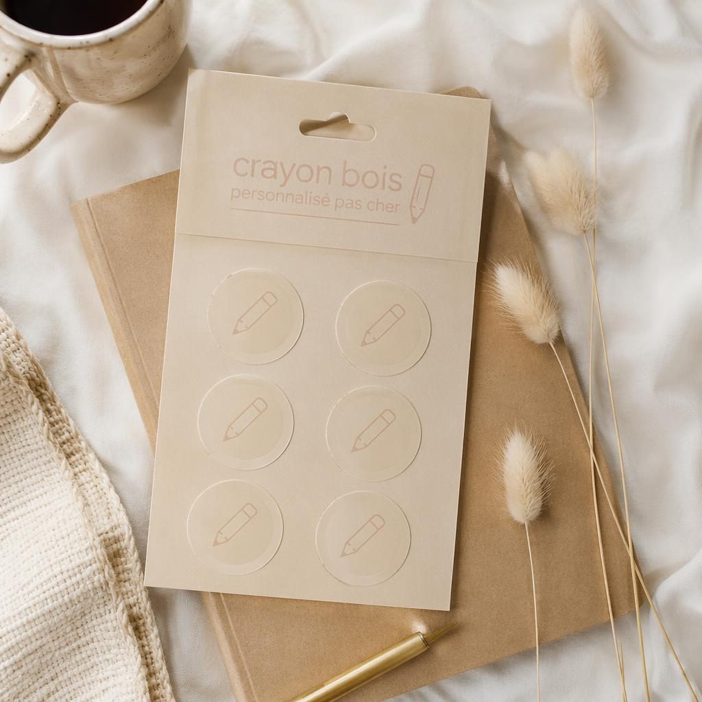 Pack de stickers beige en flat lay studio, logo ton sur ton discret, texture papier réaliste et palette pastel douce.