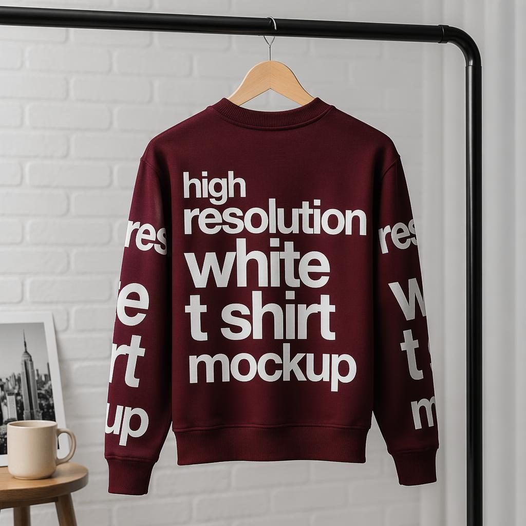 Burgundy sweatshirt hanging on a rack with wrap-around white placeholder typography in a clean studio mockup