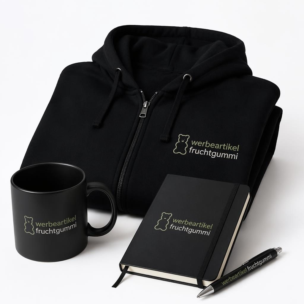 Schwarzer Zip-Hoodie als Produktmockup auf weißem Hintergrund mit gesticktem werbeartikel fruchtgummi Logo
