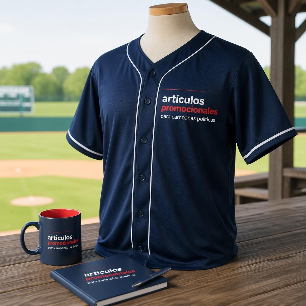 Jersey de béisbol azul marino en mockup fotográfico exterior con logo sutil tono sobre tono y detalles rojos y blancos