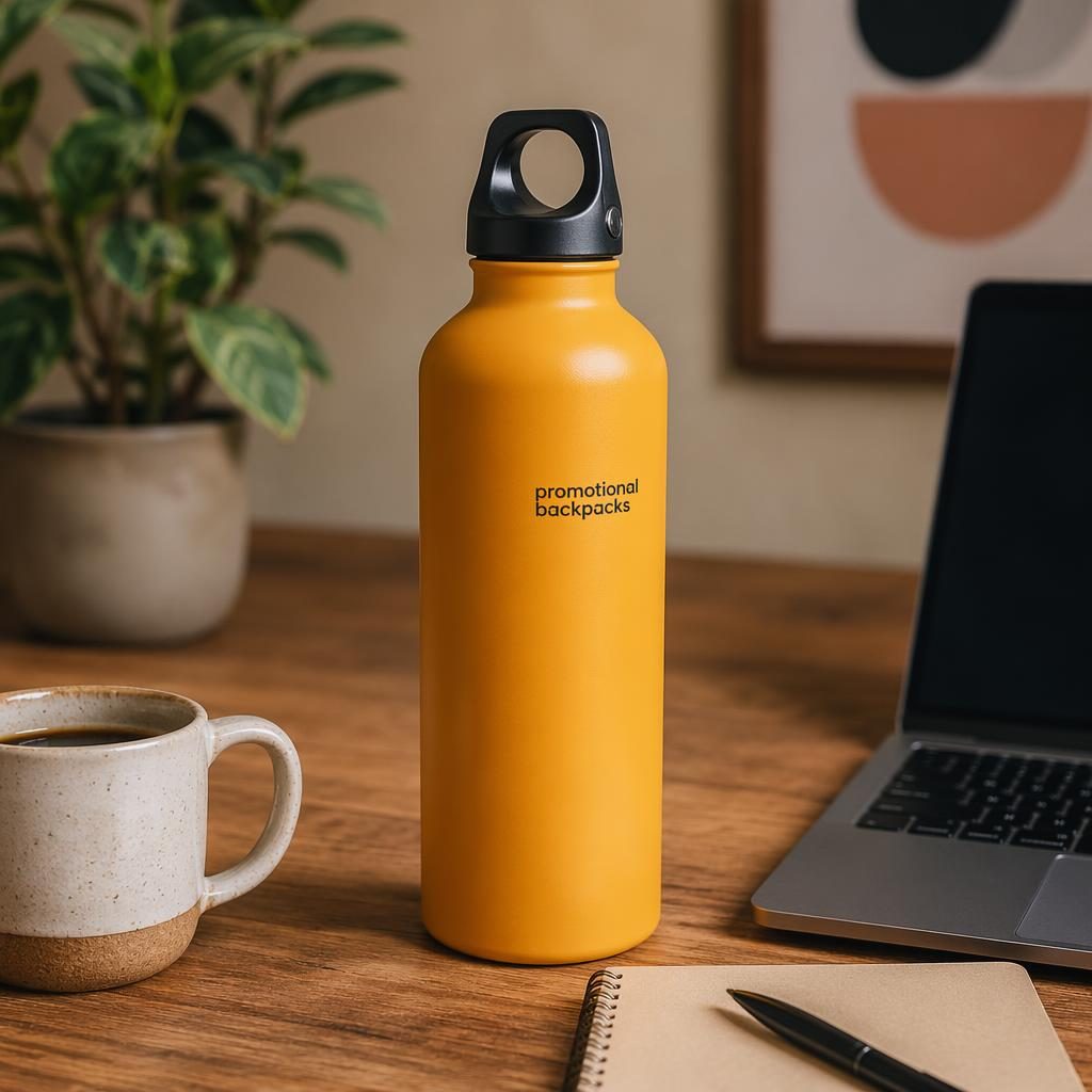 Mustard yellow water bottle mockup on a desk in a warm earth-tone lifestyle scene with a small promotional backpacks logo.