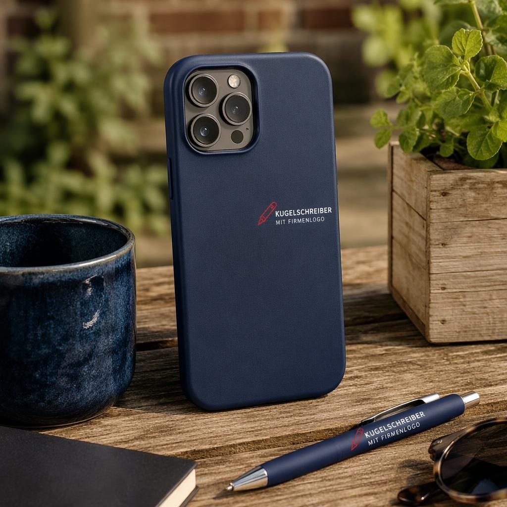 Fotorealistisches Mockup einer navy Handyhülle im Outdoor-Lifestyle-Stil mit kleinem roten und weißen Logo.