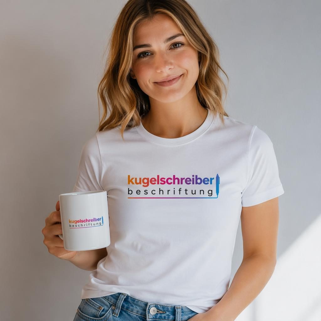 Fotorealistisches Mockup einer weißen Keramiktasse mit farbigem kugelschreiber beschriftung Logo im Studio