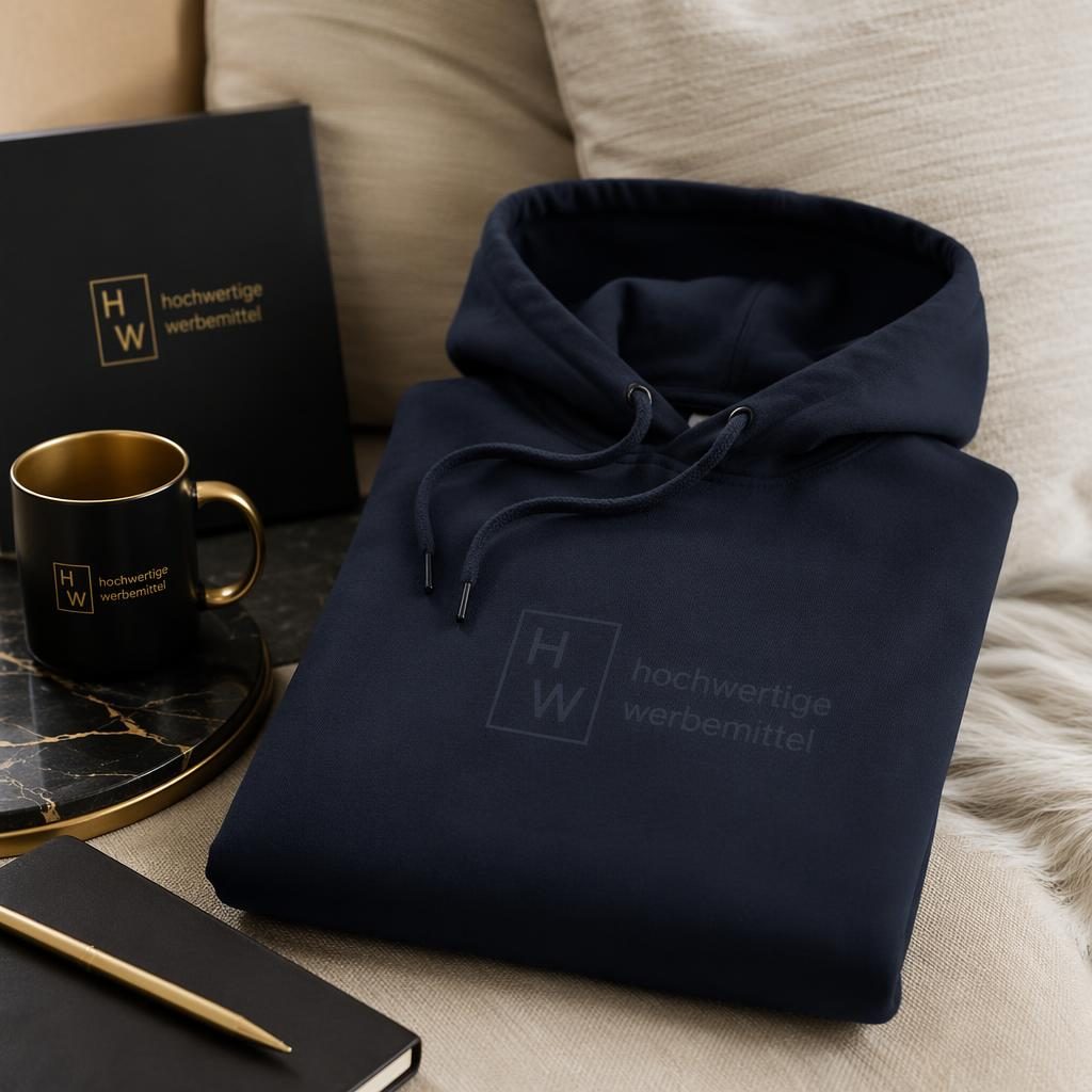 Fotorealistisches Mockup eines navy Hoodies mit dezentem Ton-in-Ton-Logo in gemütlicher Home-Kulisse