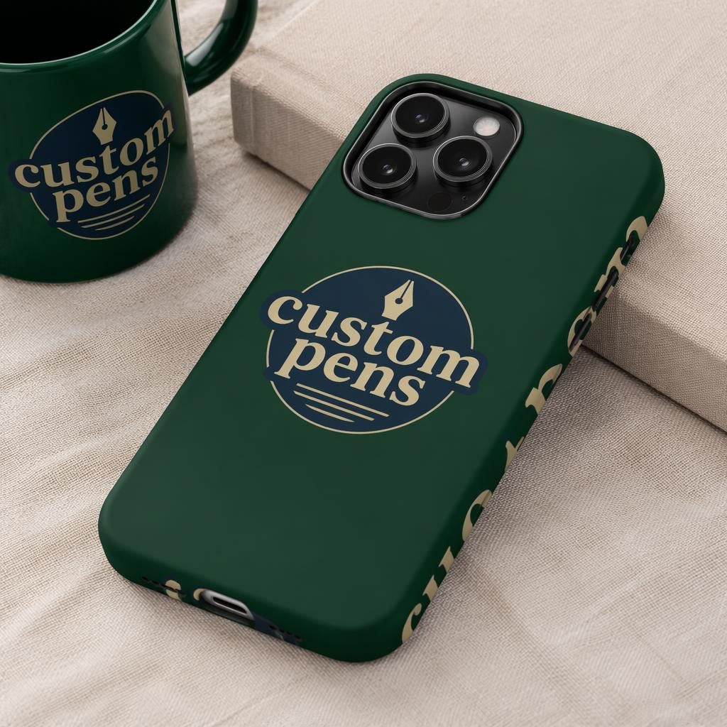 Forest green phone case mockup with generic custom pens logo wrap-around, shown in a folded stack with navy and cream print.