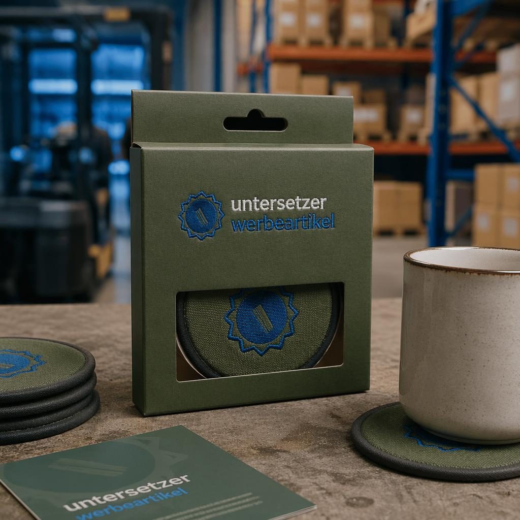 Fotorealistisches olivgrünes Sticker-Pack im Industrie-Look mit blauem Logo, scharfem Fokus und natürlicher Papierstruktur