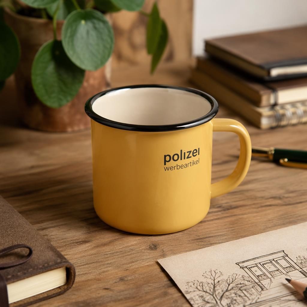 Senfgelber Emaillebecher mit kleinem polizei werbeartikel Logo auf einem Schreibtisch in warmer Lifestyle-Szene