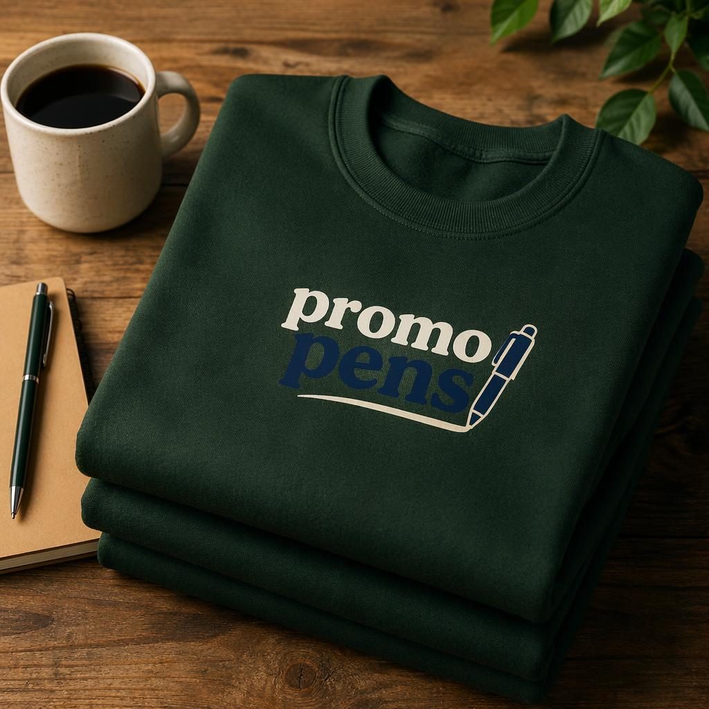 Folded stack of forest green sweatshirts with a centered promo pens logo in navy and cream, photographed in studio light.