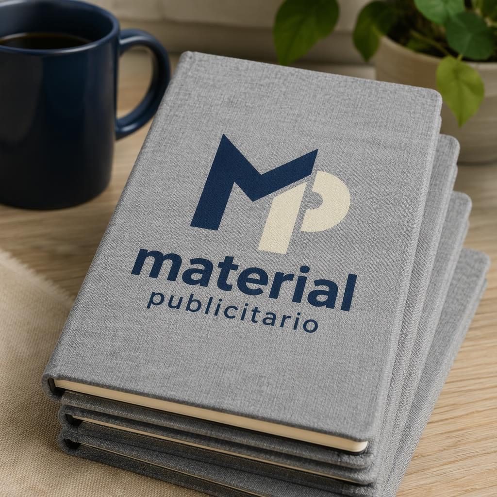 Cuaderno gris jaspeado con logo grande material publicitario, apilado y plegado, en foto de estudio nítida