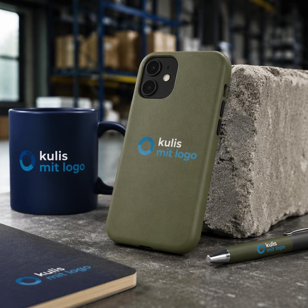 Fotorealistisches Mockup einer olivgrünen Handyhülle mit generischem Logo im industriellen Warehouse-Stil