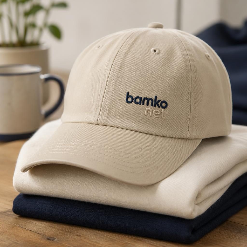 Photo-real folded stack of beige sand caps with a small bamko net logo in navy and cream, studio-lit on a clean backdrop.