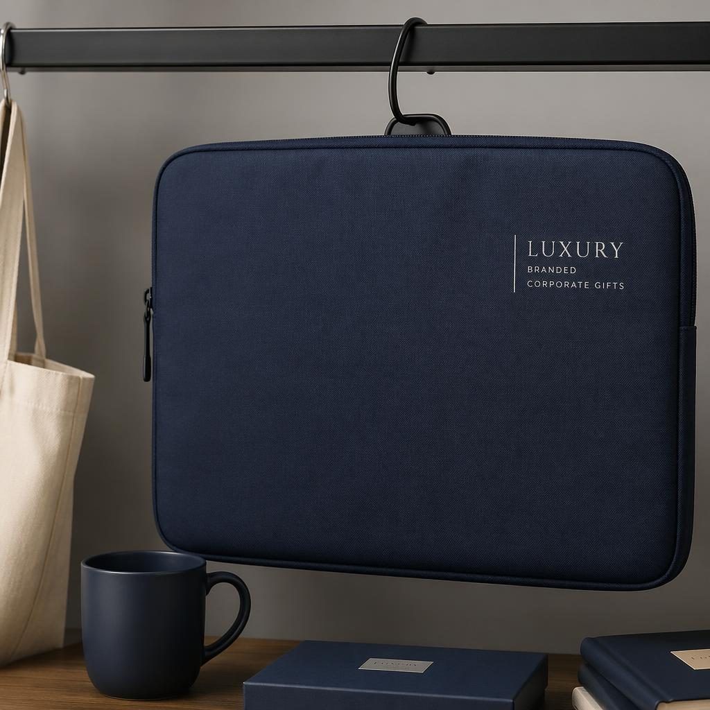 Photo-real navy laptop sleeve mockup hanging on a rack with a small monochrome logo, studio lighting and sharp texture