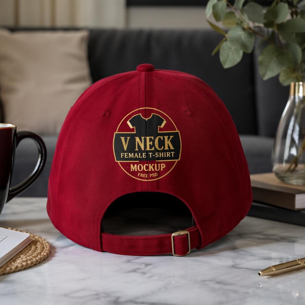Photoreal red cap mockup in a cozy home setting with a black and gold back logo, sharp fabric texture and studio lighting