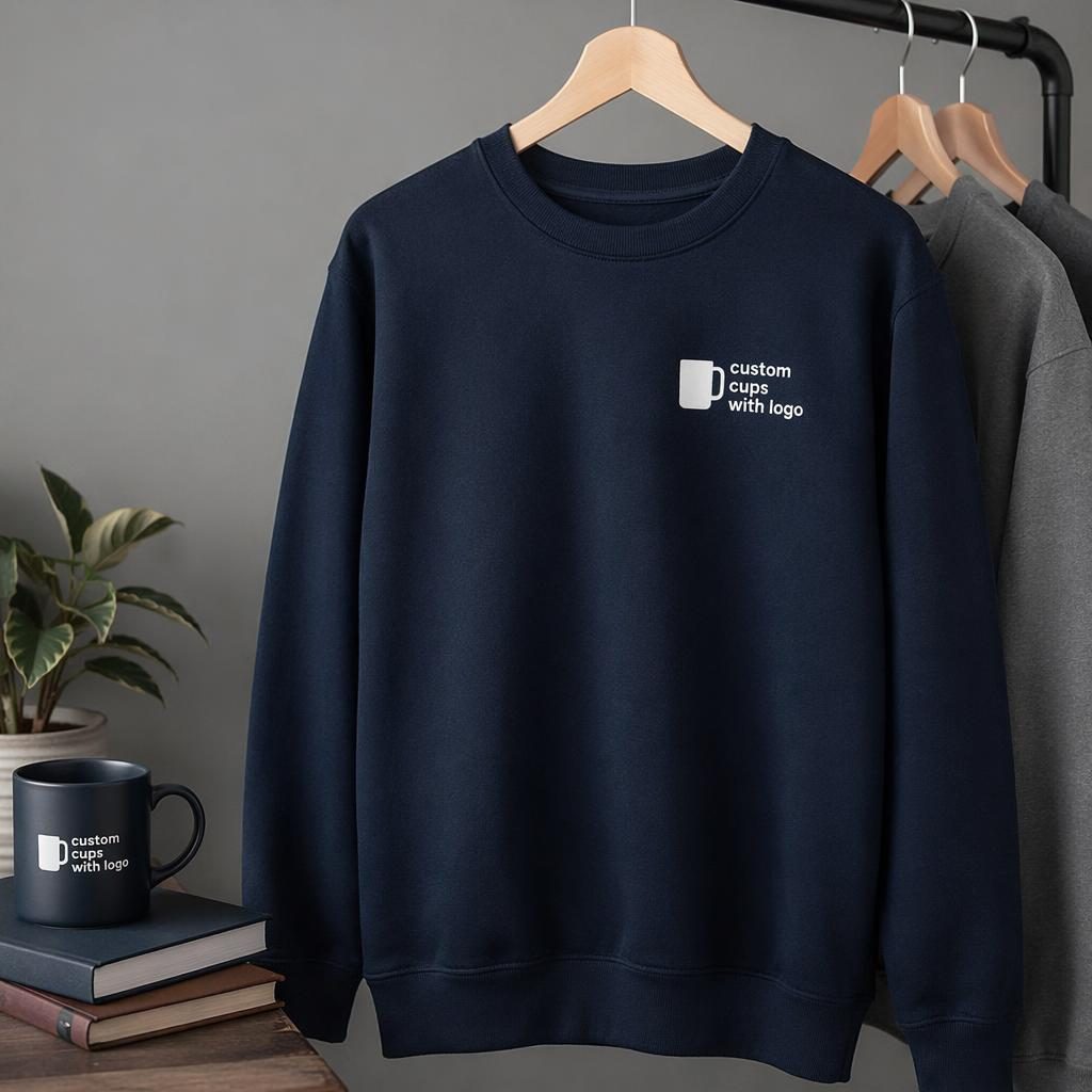 Navy sweatshirt hanging on a rack with a small left-chest custom cups with logo print in a minimal monochrome style.