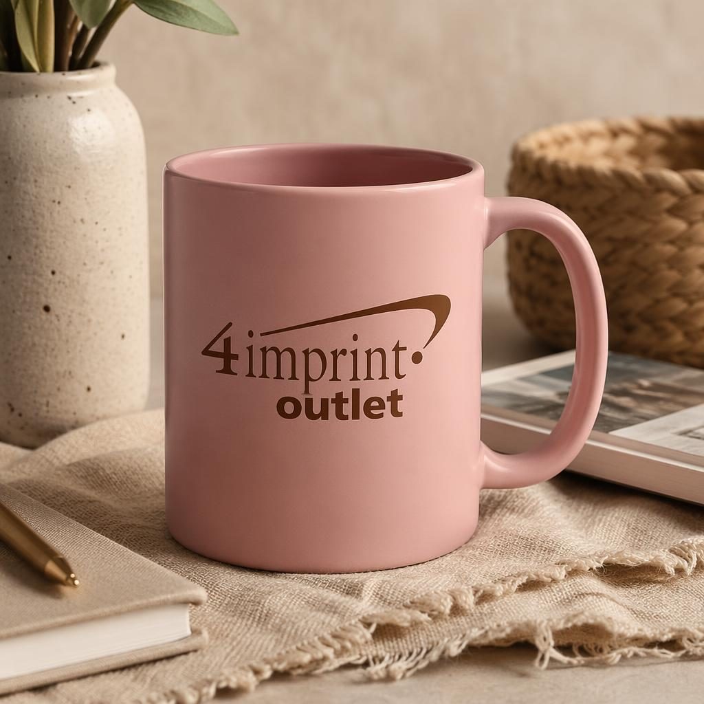 Dusty pink ceramic mug with 4imprint outlet logo in a warm desk lifestyle scene with fabric and paper textures.