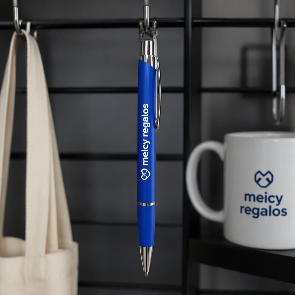 Bolígrafo azul real con logo meicy regalos, fotografiado en estudio sobre fondo limpio y enfoque nítido.