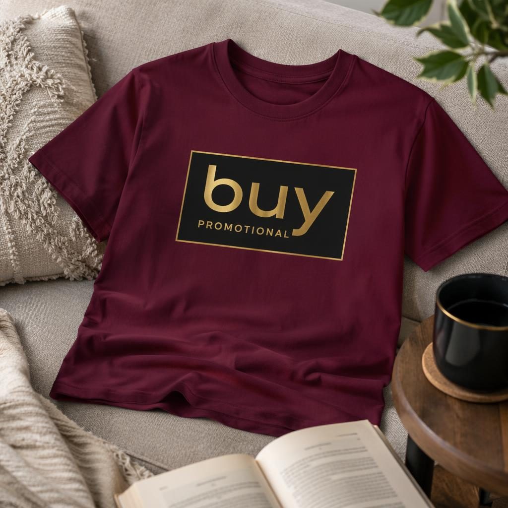 Photo-real burgundy t-shirt mockup with buy promotional logo centered on chest in a cozy luxury home setting.