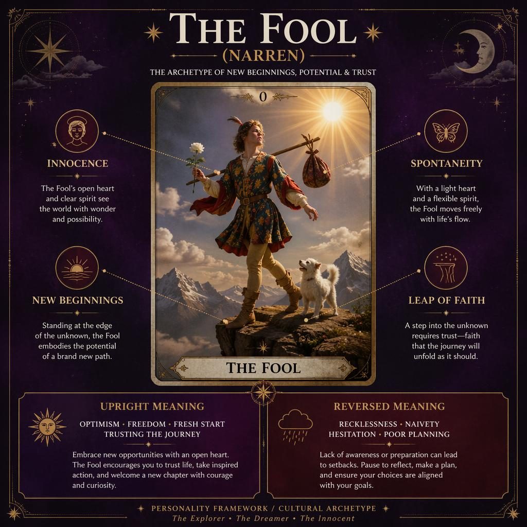 Tarotinfografik med The Fool/Narren i mitten, resenär vid klippkant, vit hund, ros, sol, berg och engelska callouts.