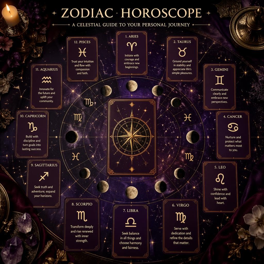 Tarot infographic met zodiac horoscoop-spread, 12 sterrenbeeldposities, centrale kosmische kaart, maanfasen en constellaties.