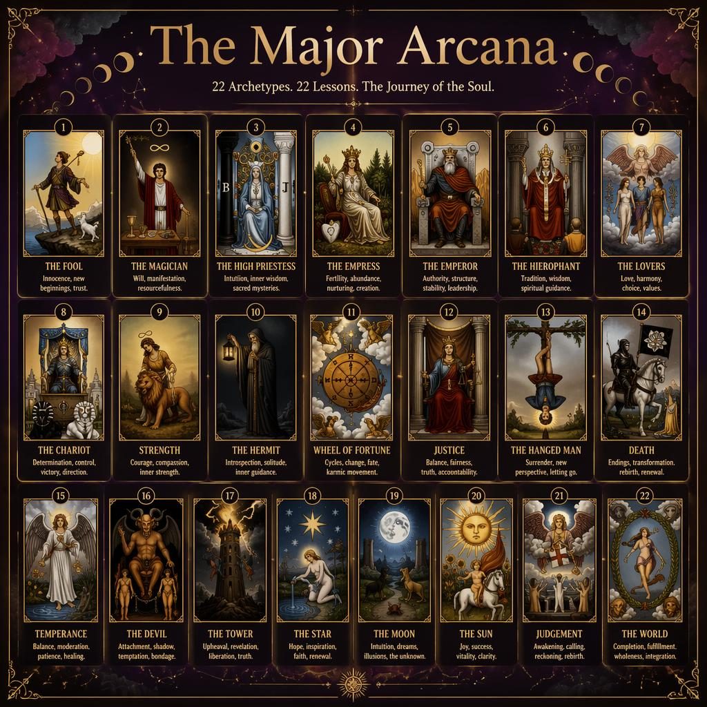 Infografía en cuadrícula de los 22 arcanos mayores con mini cartas lujosas, fondo púrpura, acentos dorados y símbolos celestes.