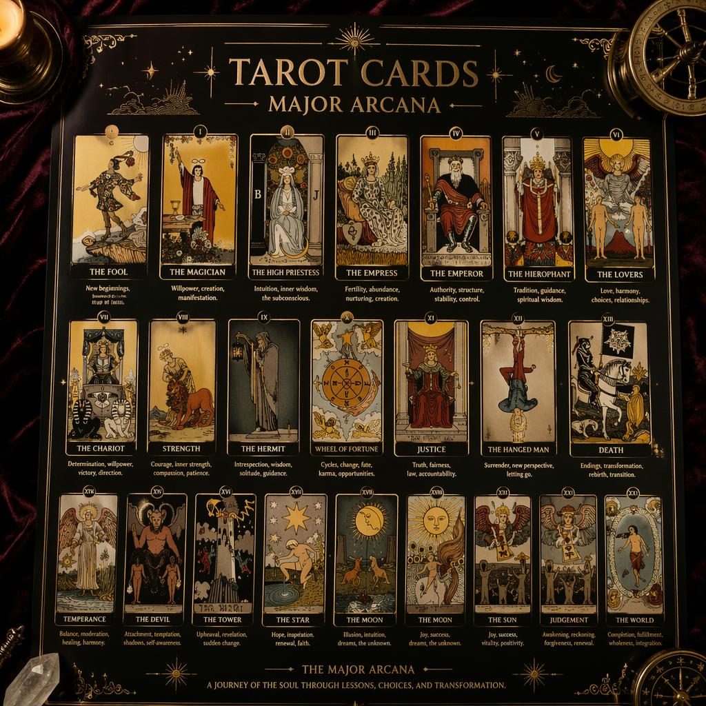 Infographic met 22 Major Arcana tarot cards in symmetrisch raster op donker fluweel, zwart-goud met vintage details.