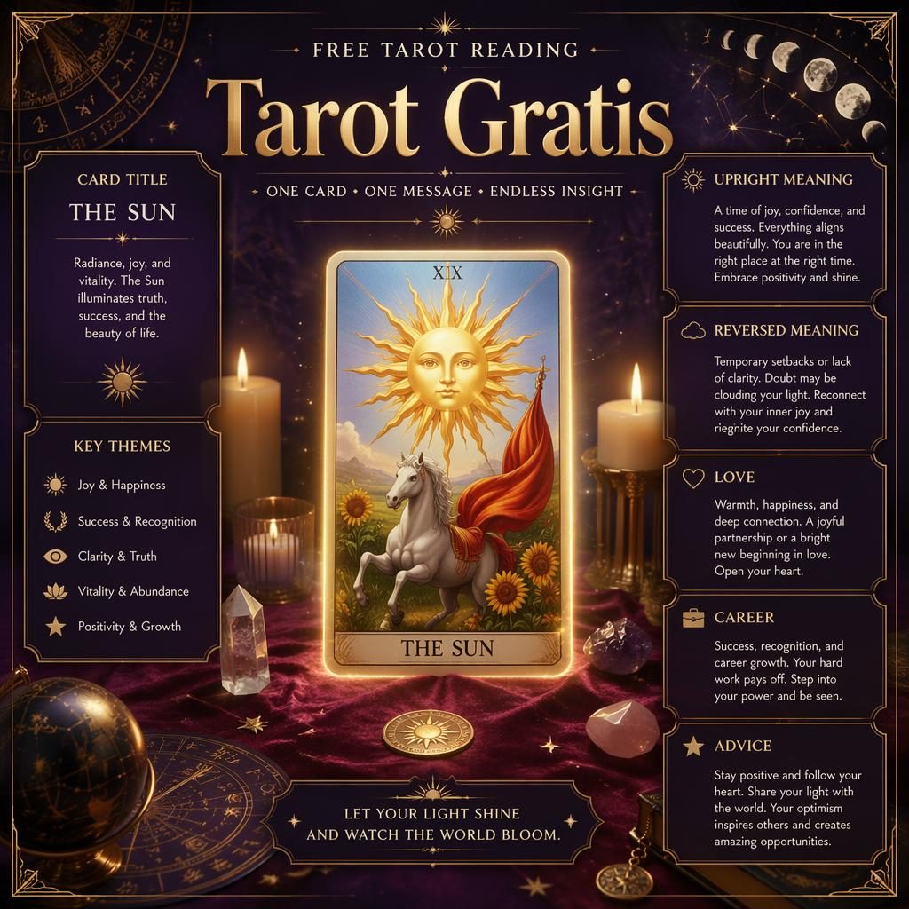 Infografía tarot gratis con una carta luminosa sobre terciopelo morado, velas, cristales, fases lunares y detalles dorados.