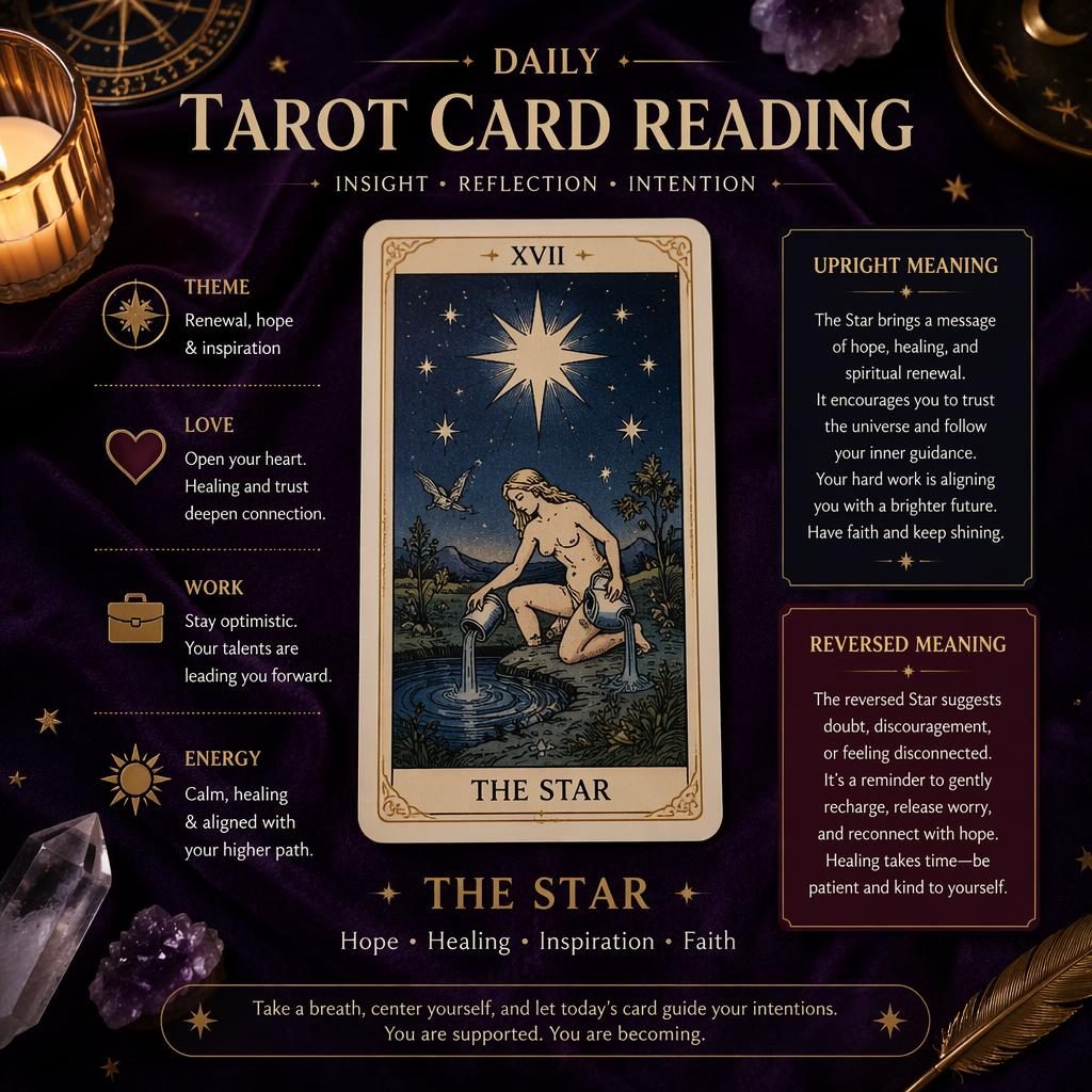 Bovenaanzicht van een tarot dagkaart op paars fluweel met Engelse infographicblokken, kaarsen, kristallen en gouden accenten.