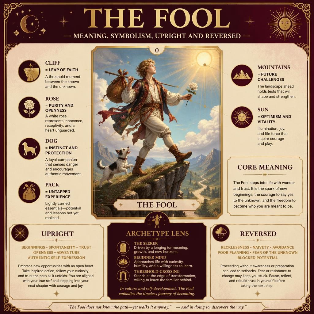Editorial tarot infographic of The Fool with cliff, white rose, dog, pack, mountains, sun, and meaning panels.