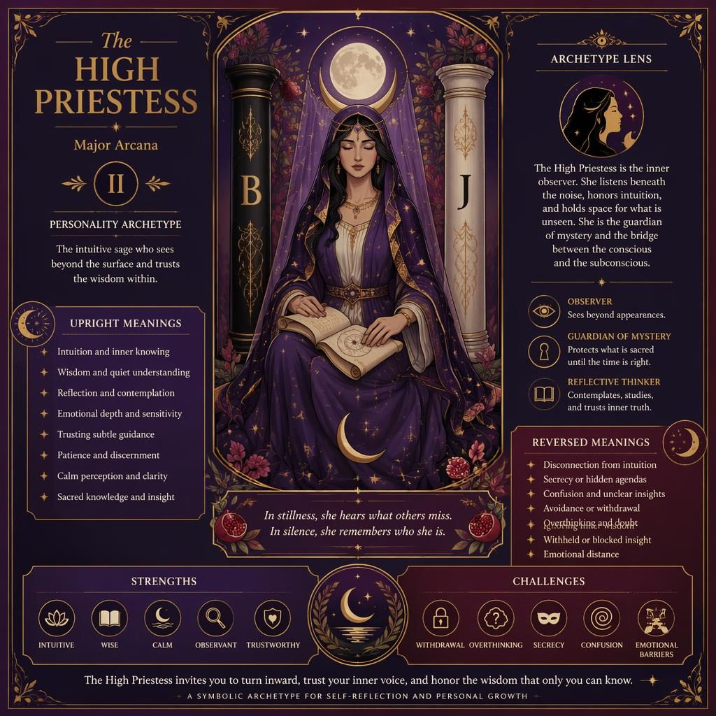 Tarot infografika The High Priestess II v secesním stylu, fialová paleta, zlaté detaily, pilíře, měsíc a bloky významů.