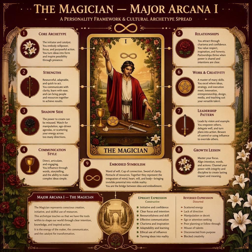 Tarotová infografika The Magician s rozvržením výkladu, vínovo-zlatou paletou, pergamenem a symboly na stole.