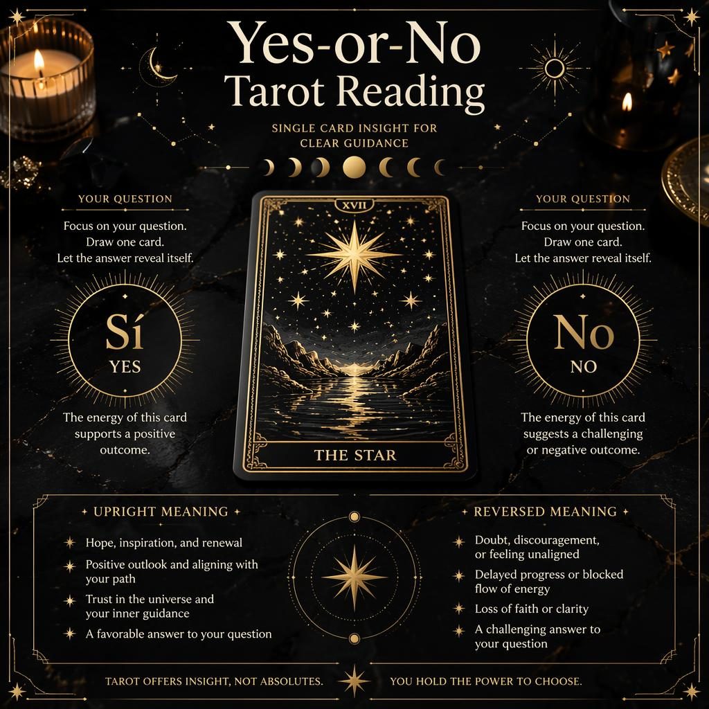 Infografía de tarot si o no con una carta central sobre obsidiana, secciones Sí y No, acentos dorados y símbolos celestes.