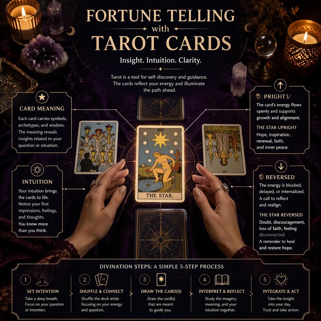Överhead-scen med vuxna händer, ett centralt tarotkort, kortläggning på sammet, ljus, kristaller och engelska callouts.